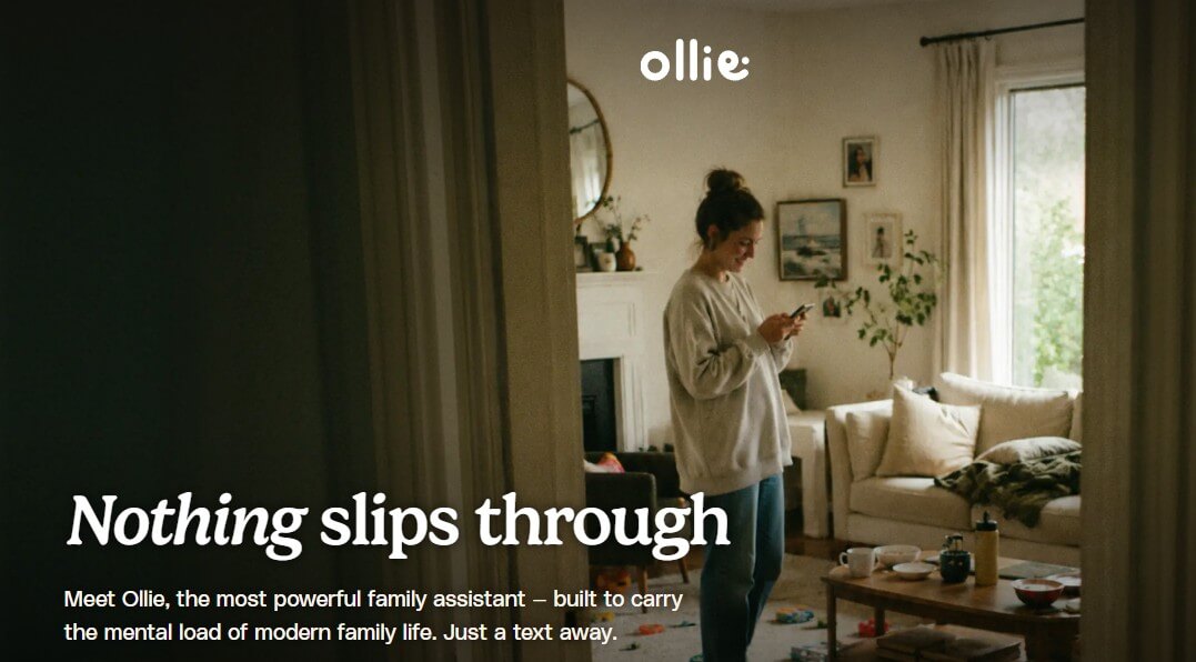 Ollie AI family assistant homepage with text message workflow
