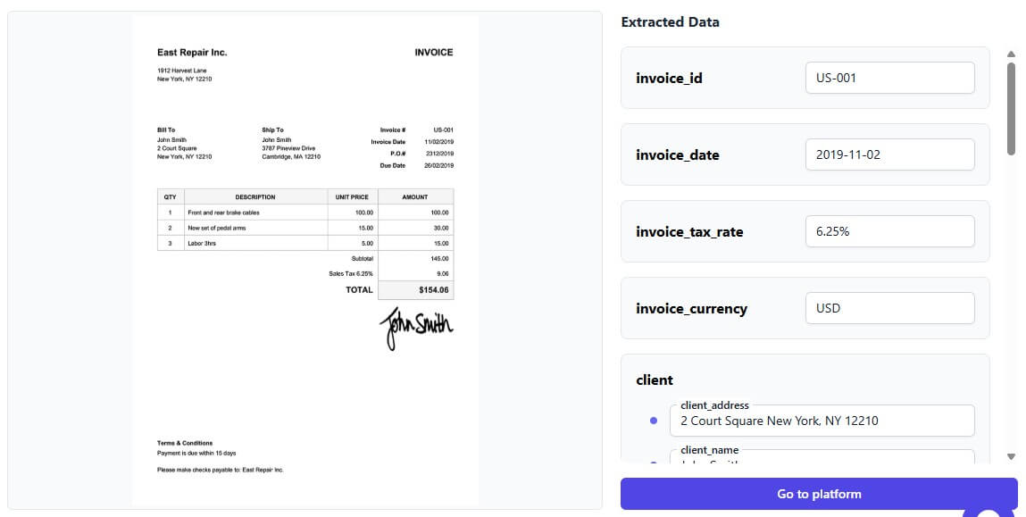 Extracta AI invoice data extraction