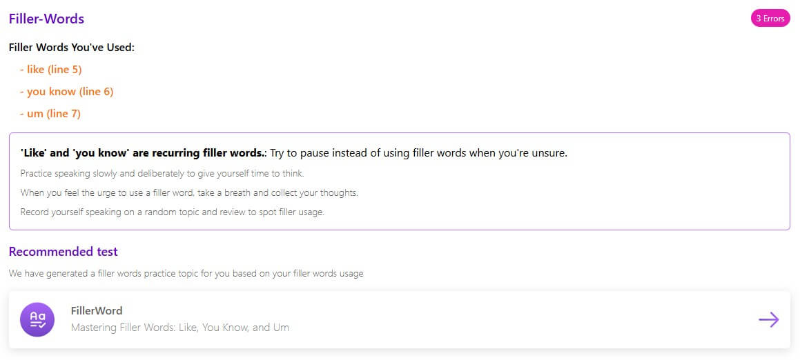Vocalo filler words feedback with recurring filler word notes