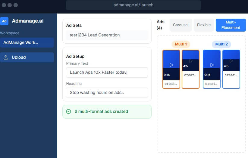 AdManage.ai multi-format grouping