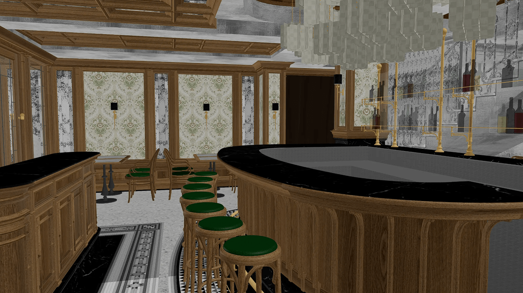 Eler 3D interior model showing a bar before photorealistic rendering