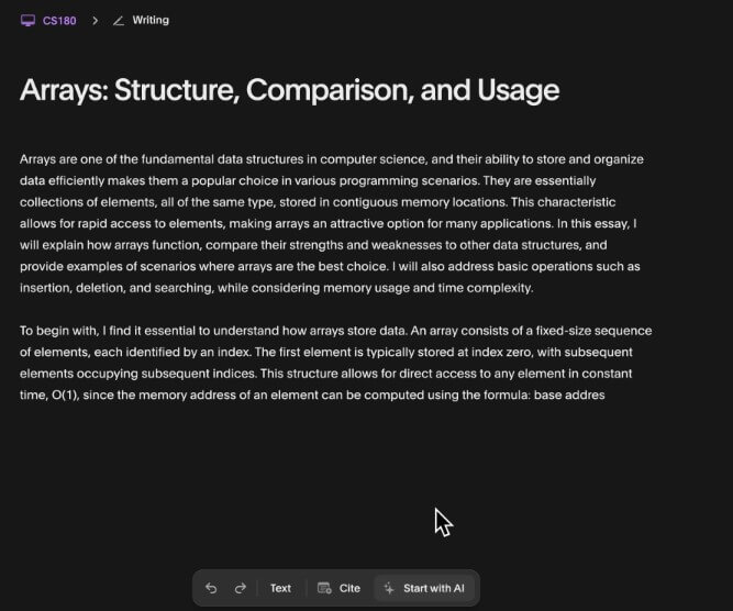 Atlas writing workspace with essay draft about arrays
