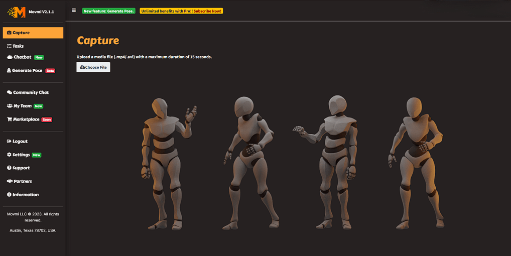 Movmi Capture page showing video upload controls and several posed 3D characters