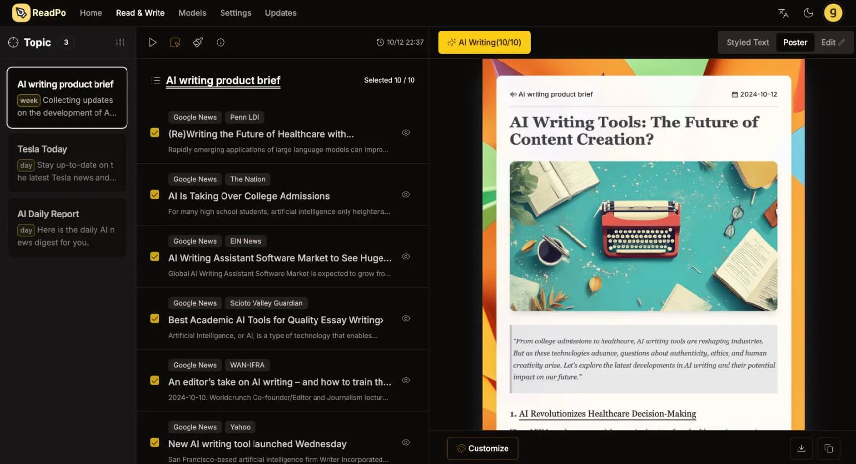 ReadPo AI writing product brief workspace