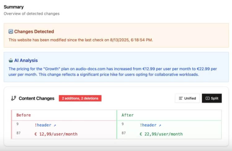 Webtracker.ai price change tracking