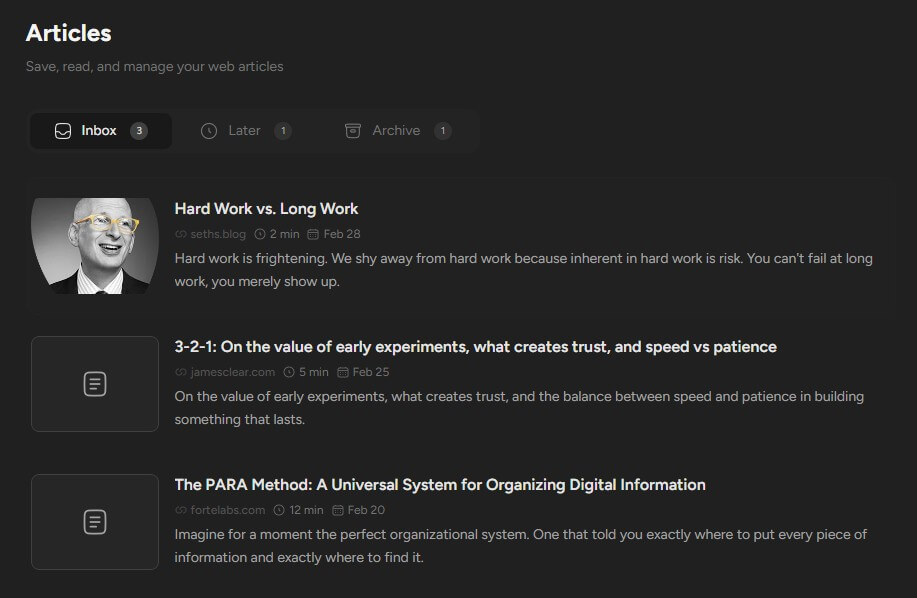 Screvi articles inbox with saved web articles