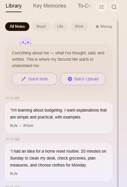 Me.bot personal memories and saved records interface