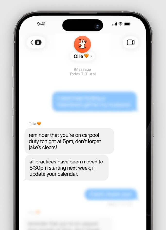 Ollie AI calendar reminders and task follow-up messages