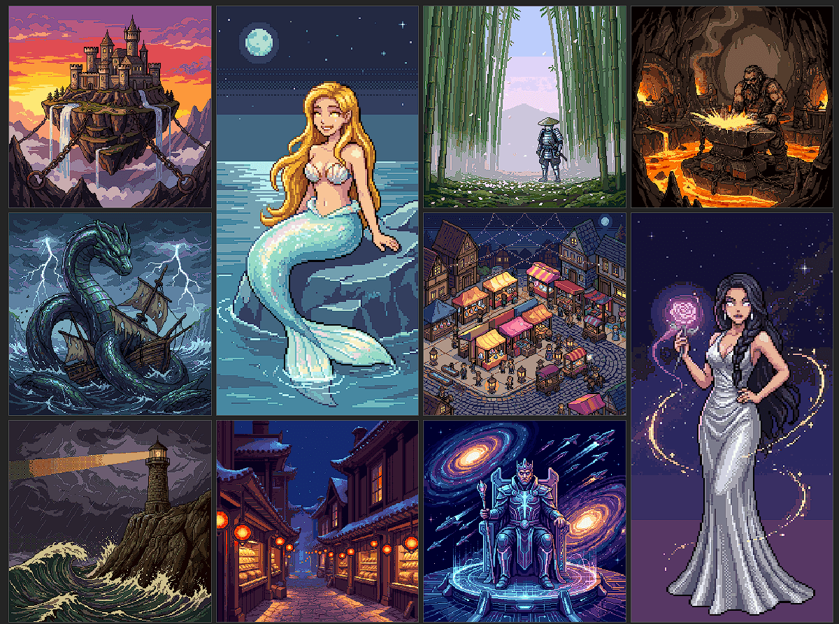 Collection of Retro Diffusion pixel art showing characters, fantasy environments, creatures, architecture, and game scenes