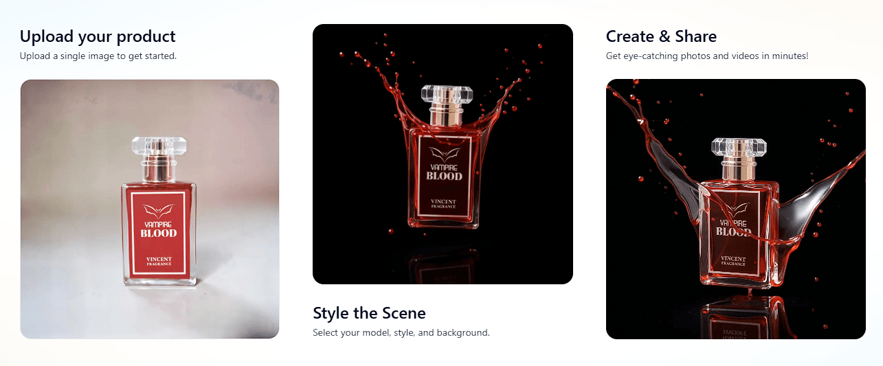 PhotoFox AI fragrance workflow showing a perfume bottle transformed into dramatic advertising imagery