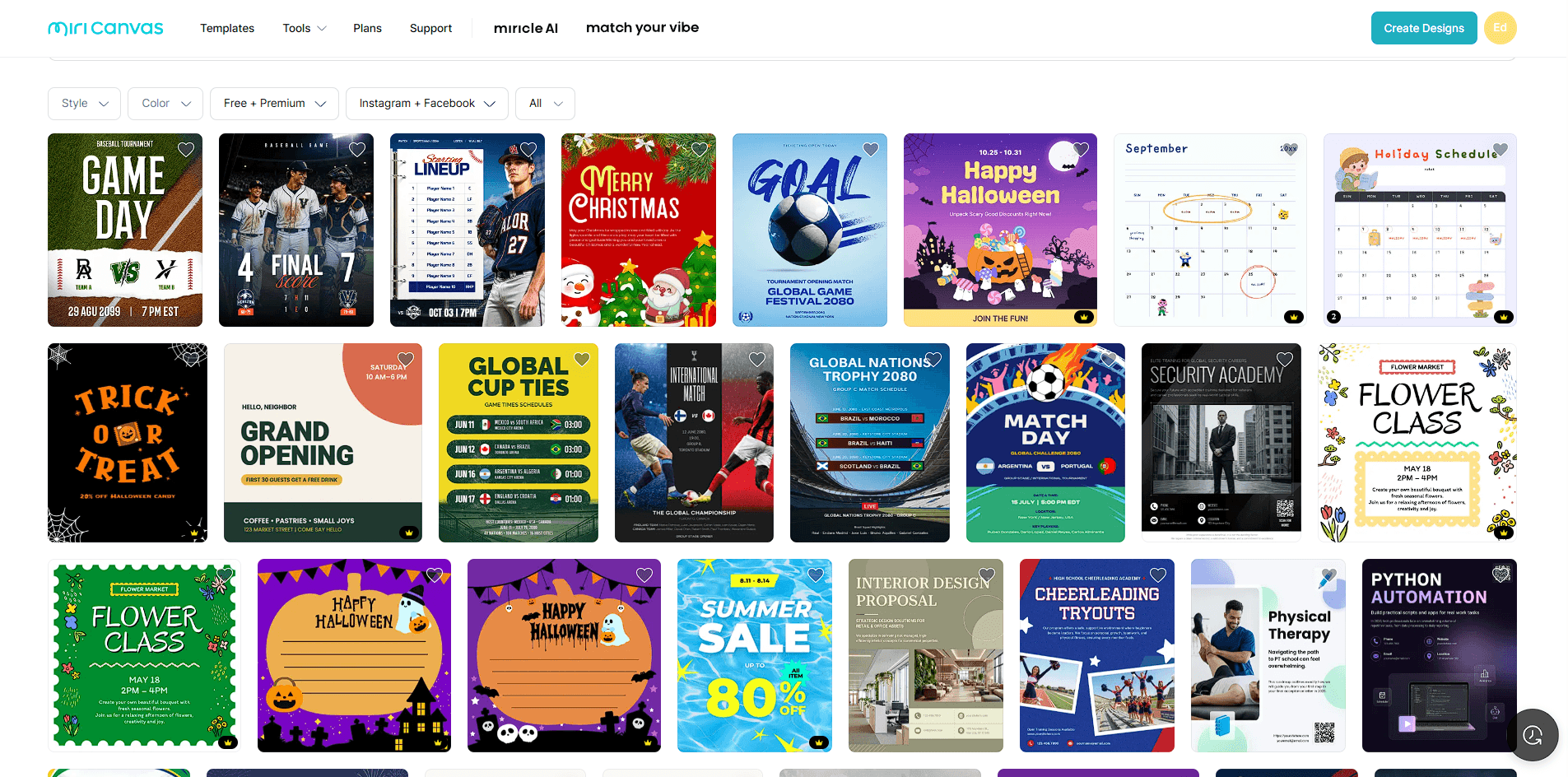 MiriCanvas social media template gallery with sports, event, promotion, and educational designs