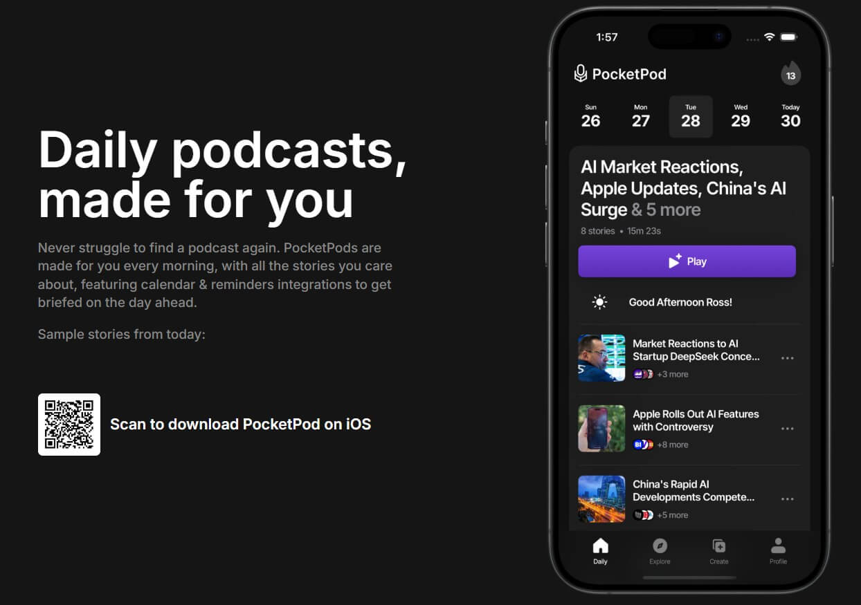 PocketPod daily podcasts homepage with iOS app preview