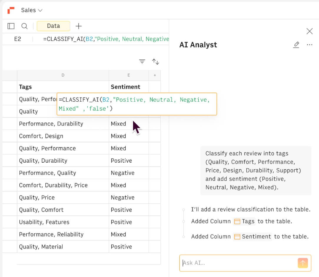 Rows AI classify tags