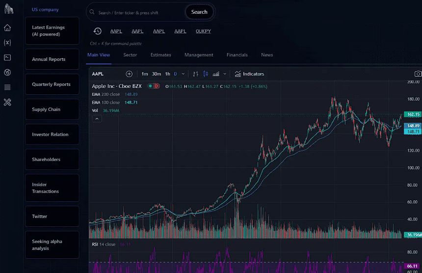 Gorilla Terminal company research dashboard with stock chart and research navigation
