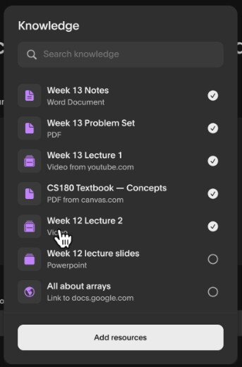 Atlas knowledge resource picker with notes PDFs videos textbooks slides and links