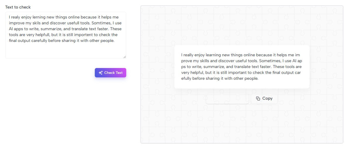 Miniflow.ai spell checker result