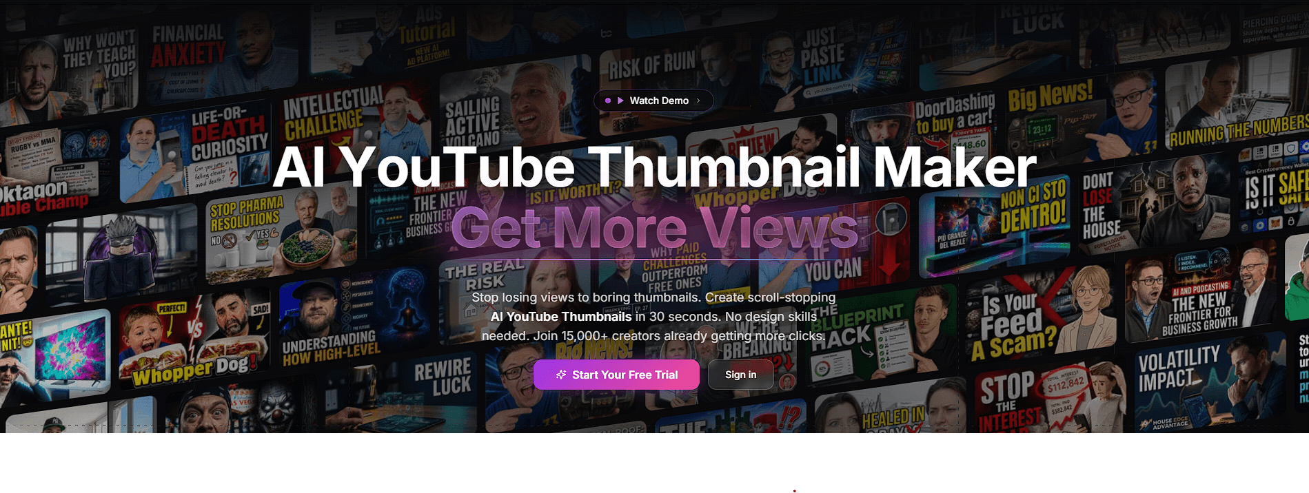 ThumbnailCreator AI YouTube thumbnail maker with a gallery of creator-style thumbnail examples