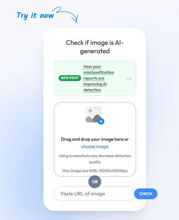 WasItAI AI image detector homepage
