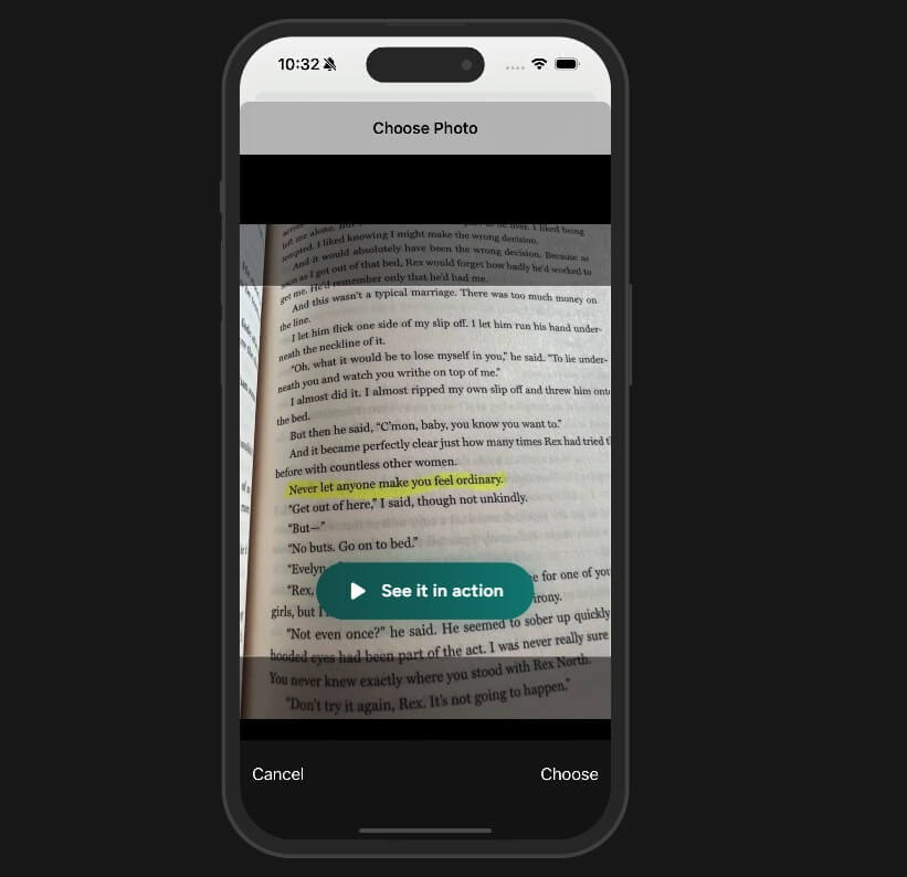 Screvi physical book scanner selecting highlighted text from a page photo
