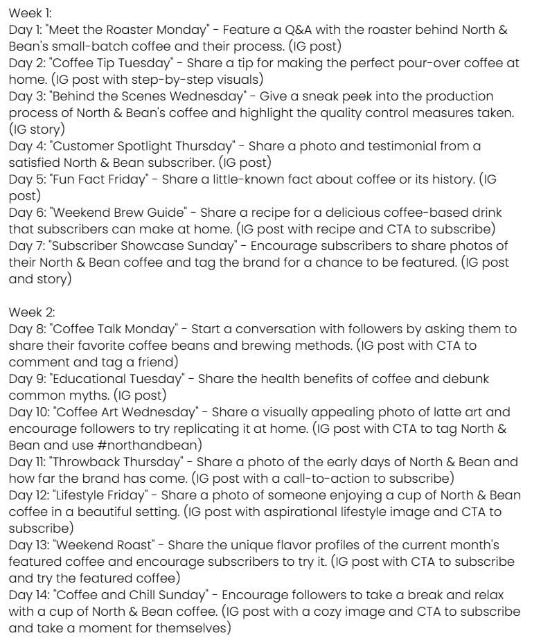 Optimo content calendar prompt result part one