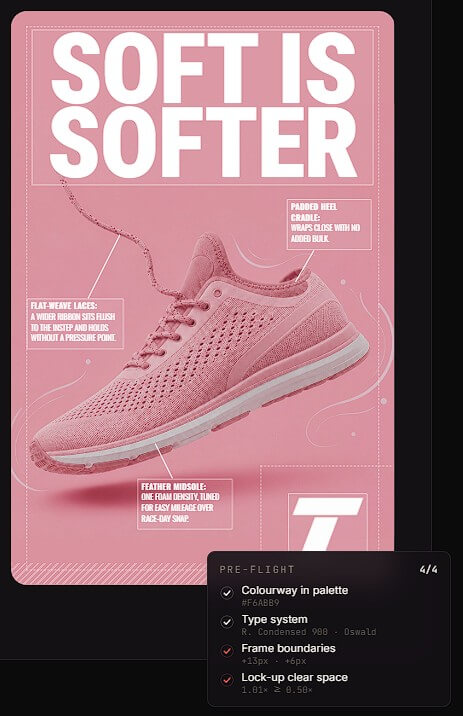 Brand compliance pre-flight check showing palette typography frame and logo rules
