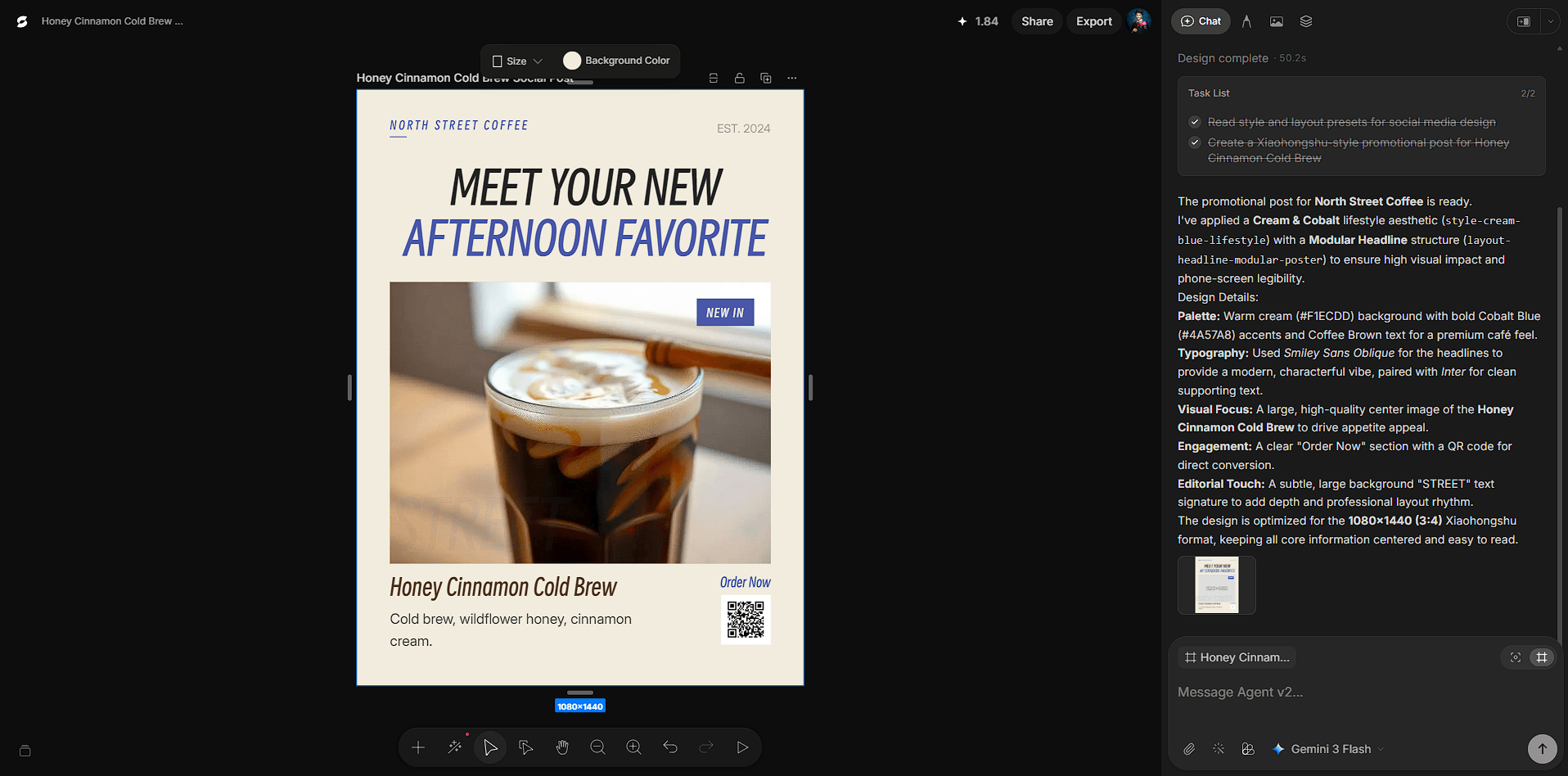 Seede AI creating a social media promotion for a honey cinnamon cold brew