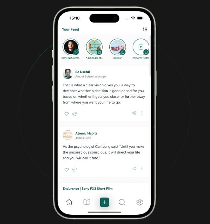 Screvi mobile knowledge feed with saved highlights