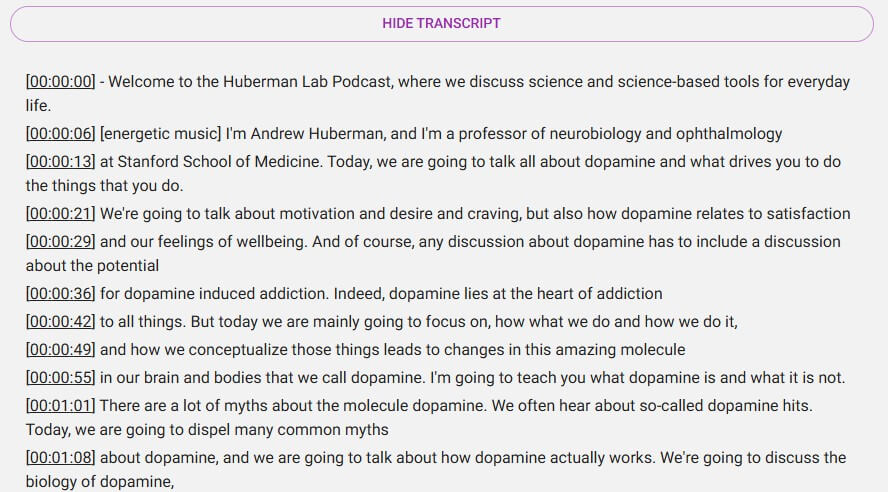 PodSnap.AI timestamped transcript sample