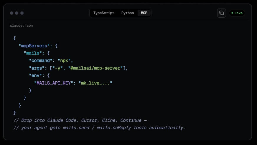Mails.ai MCP function integration for agents