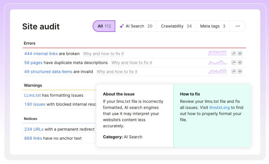 Semrush One site audit