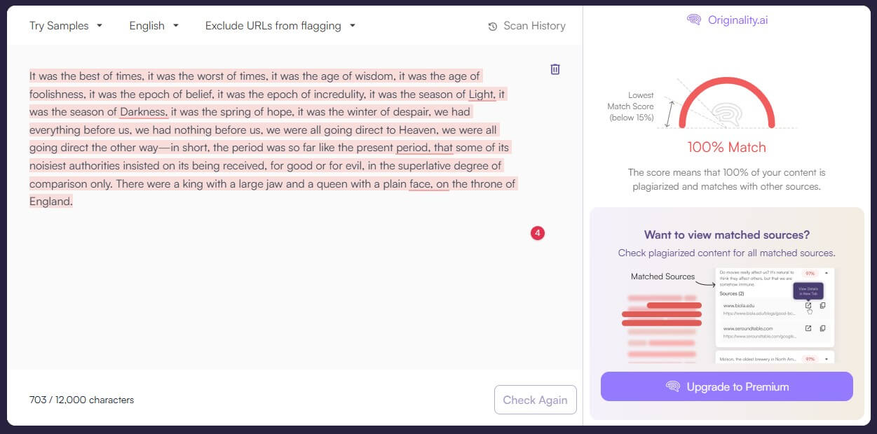 Originality.ai plagiarism checker sample 1 result