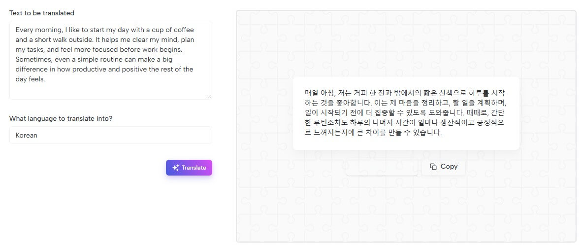 Miniflow.ai text translator result