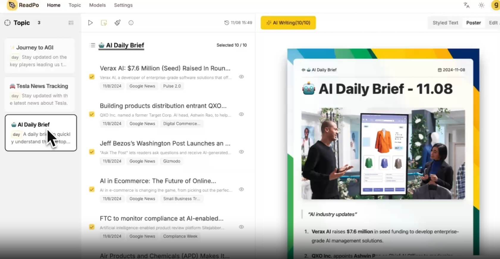 ReadPo AI Daily Brief workspace