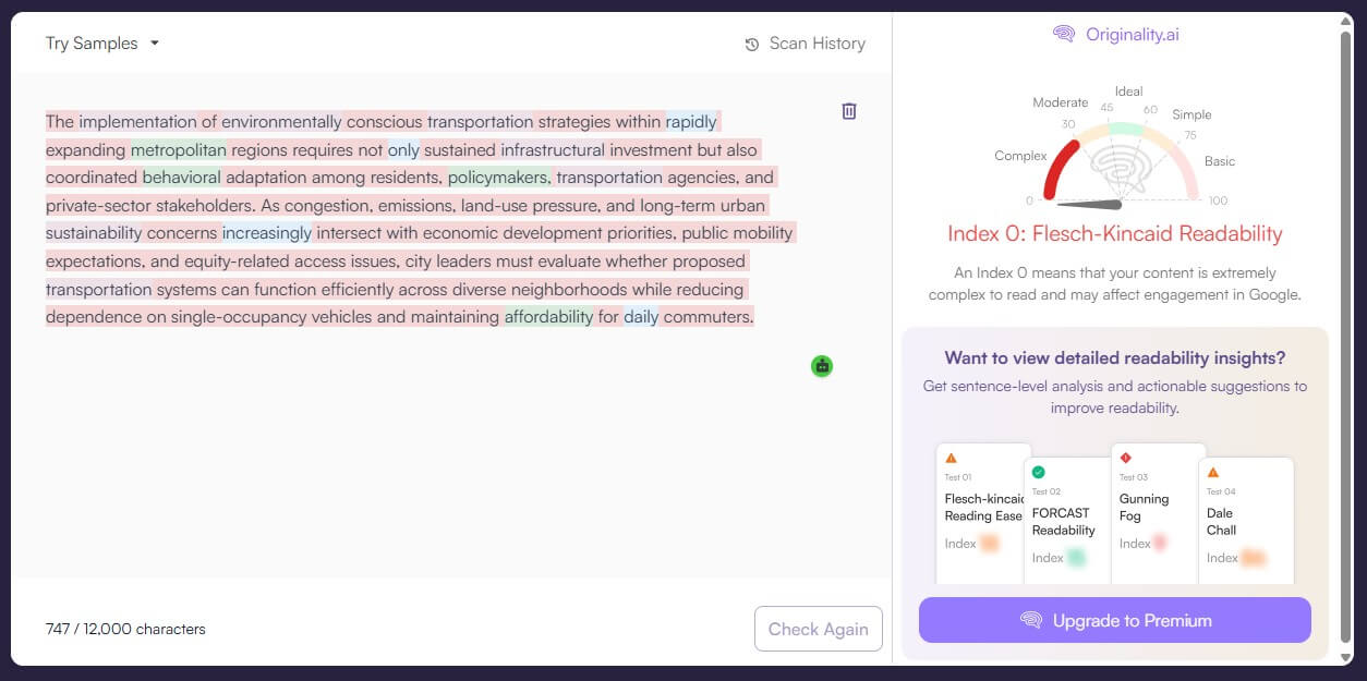 Originality.ai readability checker sample 1 result