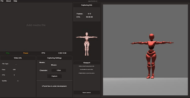 Movmi motion capture workspace showing capture settings and a 3D character preview
