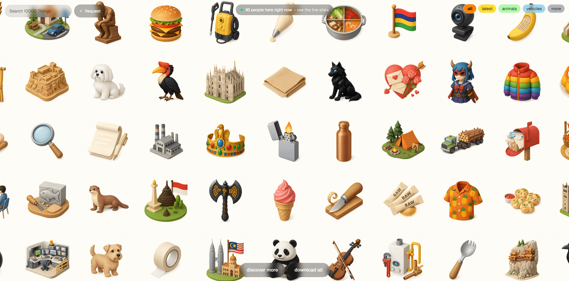 Thiings searchable library showing a large grid of AI-generated 3D icons