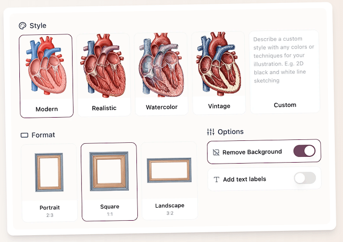 Illustrae style controls showing Modern, Realistic, Watercolor, Vintage, and Custom treatments for a heart illustration