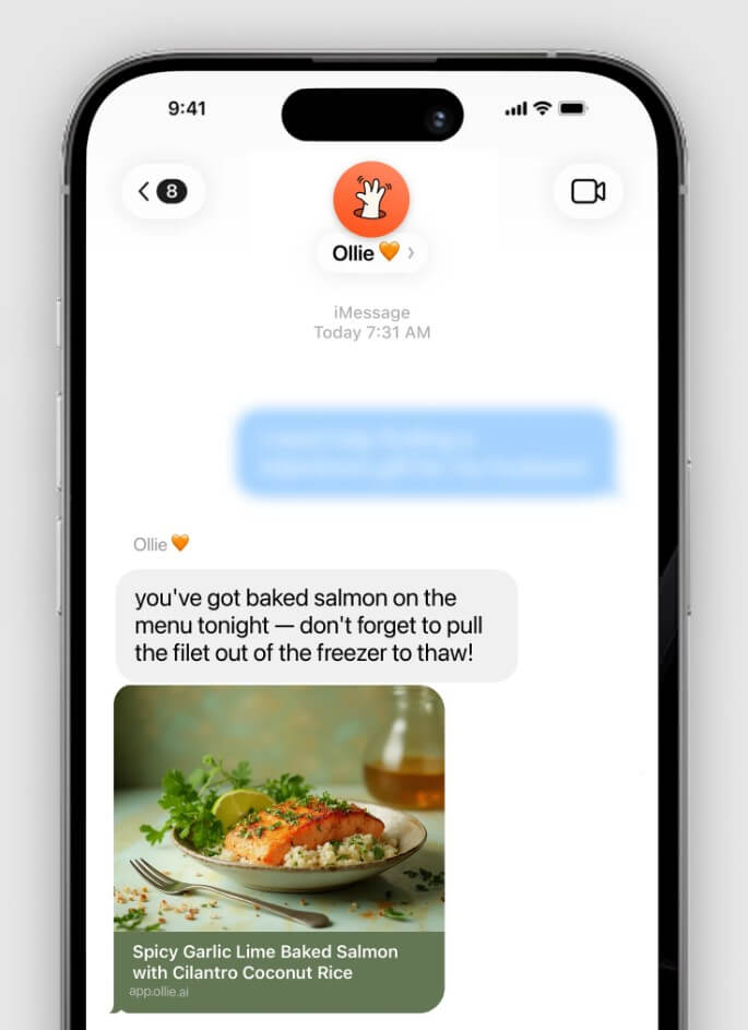 Ollie AI grocery list and meal planning text conversation
