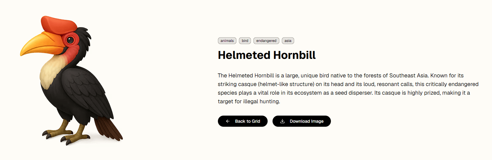 Thiings Helmeted Hornbill 3D icon asset page with tags, description, and download control