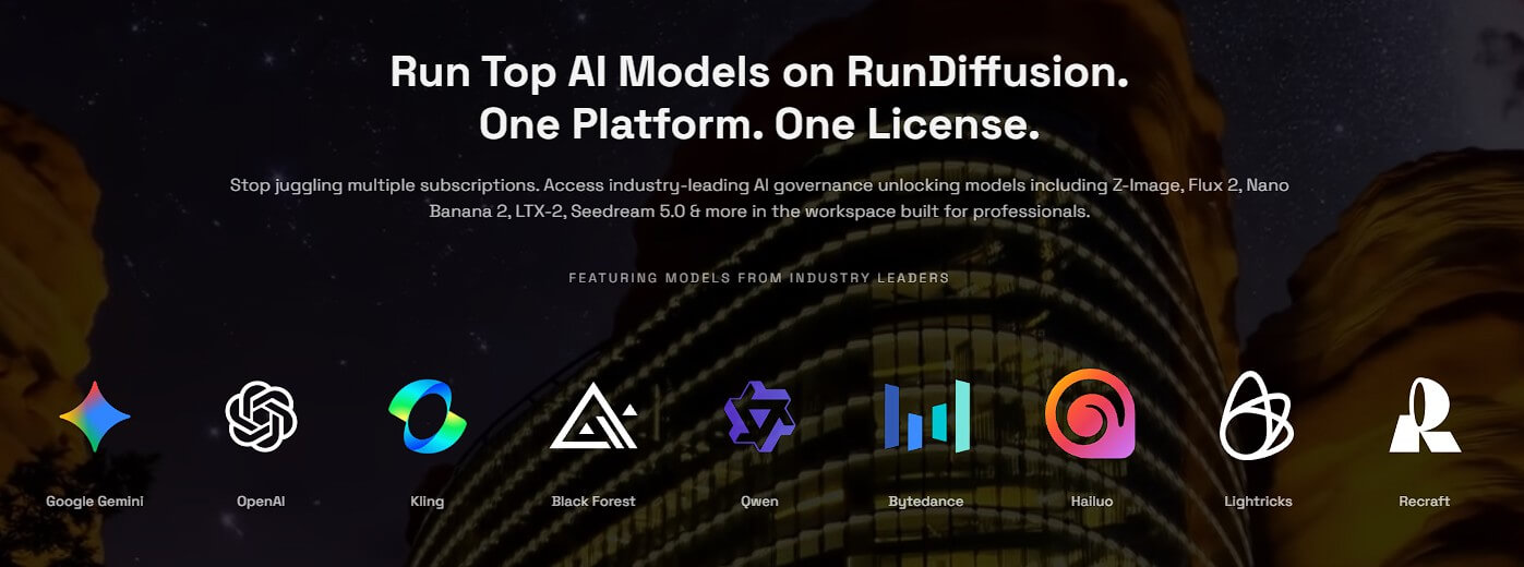 RunDiffusion model access showing multiple AI model providers