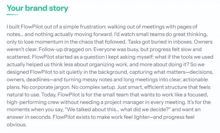 FlowPilot brand story generated in Brandolia