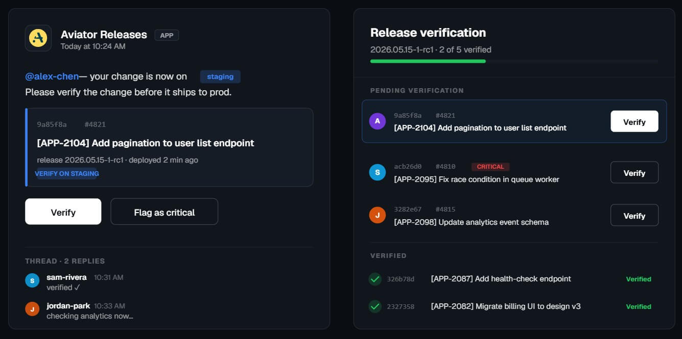 Aviator release verification workflow