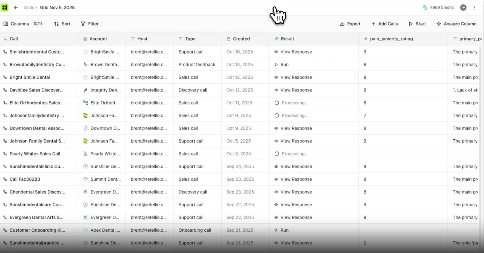Retellio grid view with customer call rows and analysis columns