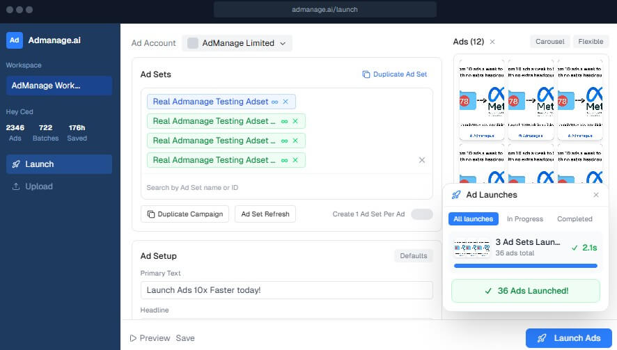 AdManage.ai bulk launch ad sets