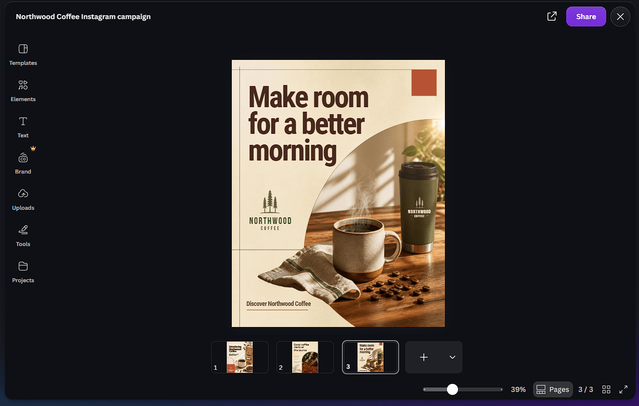 Canva Northwood Coffee campaign showing a branded promotional poster and related page variations