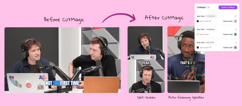 Quso AI CutMagic split-screen podcast layout