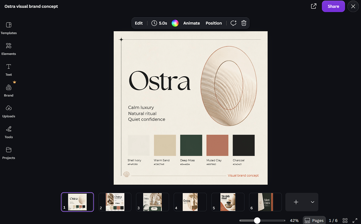 Canva visual brand concept for Ostra showing typography, brand colors, and a multi-page identity system
