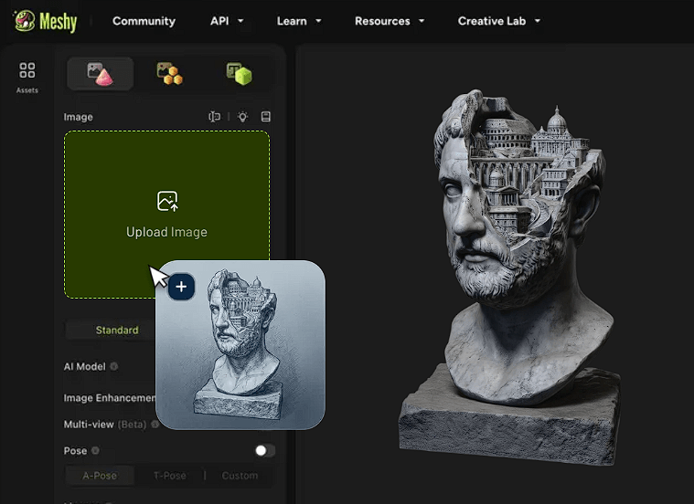 Meshy Image to 3D workspace showing an uploaded reference image and generated 3D model