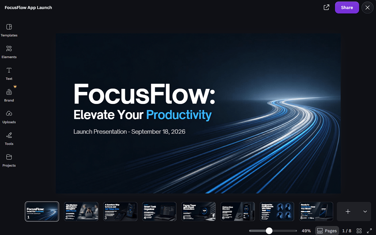 Canva AI generated FocusFlow launch presentation open as an editable eight-slide deck