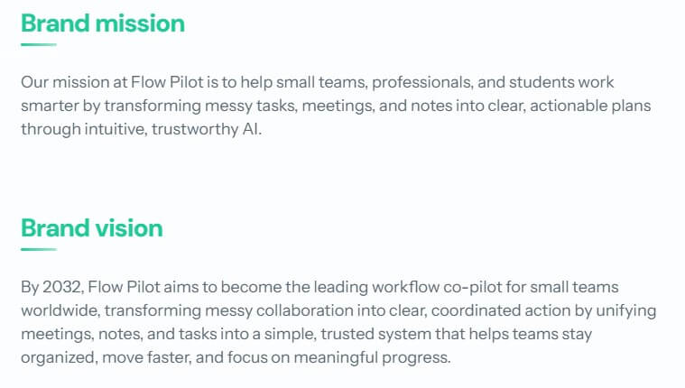 FlowPilot brand mission and vision generated in Brandolia